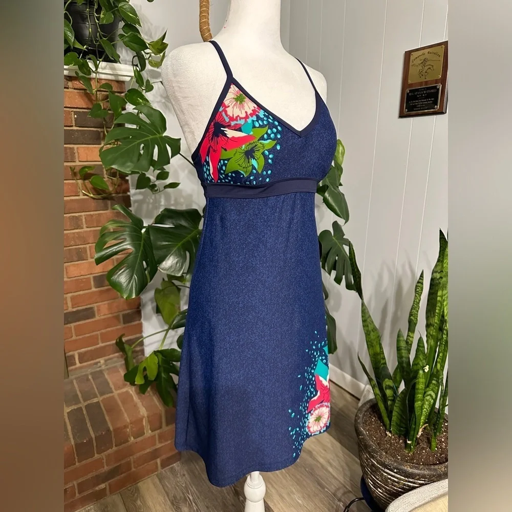 #4) Athleta navy blue with multi color floral dress with under bra size XS